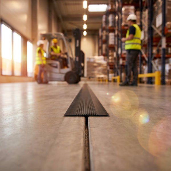 Dehnungsfugenprofil auf Betonboden in einem Lagerhaus mit Mitarbeitern und Gabelstapler
