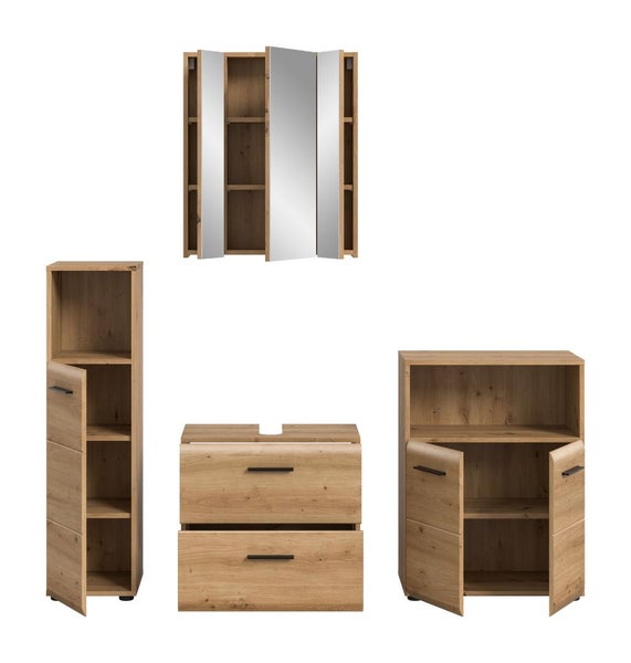 Badezimmermöbel-Set in Eichenoptik mit Spiegelschrank, Hochschrank, Waschbeckenunterschrank und Beistellschrank mit schwarzen Griffen.