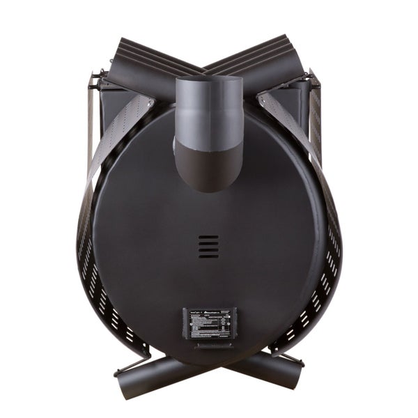 Rückansicht eines runden Kaminofens mit Rauchrohranschluss