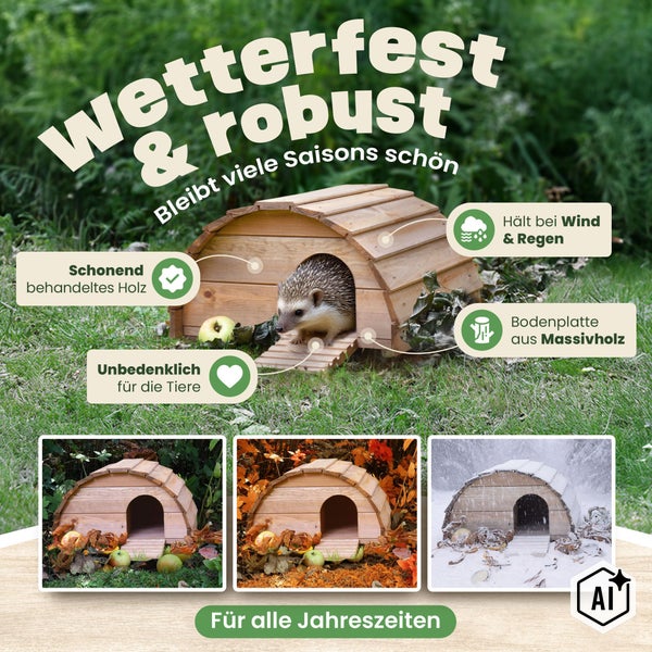 Wetterfestes Igelhaus aus Massivholz mit schützendem Dach für den Garten, geeignet für alle Jahreszeiten, sicher und robust verarbeitet.