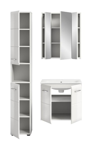 Badezimmermöbel-Set in Weiß mit Hochschrank, Spiegelschrank und Waschbeckenunterschrank mit Waschbecken.