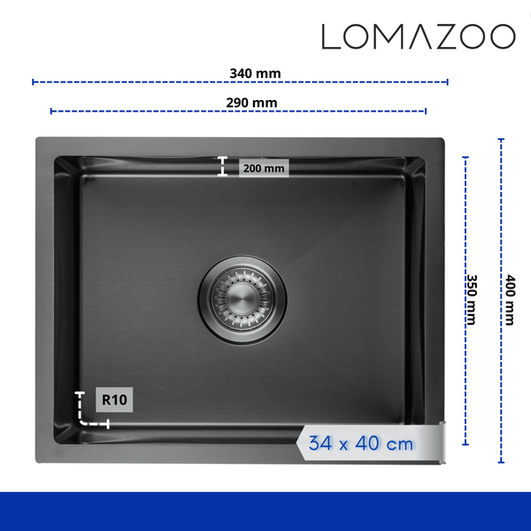 Lomazoo Edelstahl Einbauspüle mit Maßangaben in Millimeter