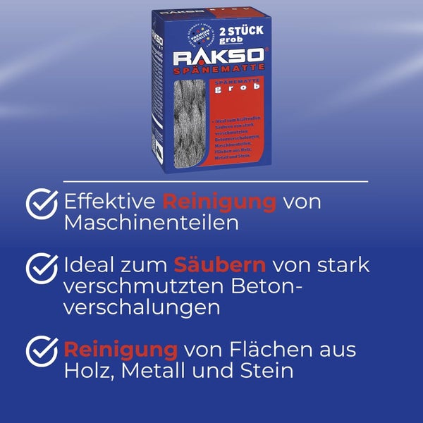 Rakso Logo. Stahlwolle Spänematte grob, zwei Stück, Made in Germany, zur Reinigung von Maschinenteilen, Betonverschalungen, Holz, Metall und Stein.