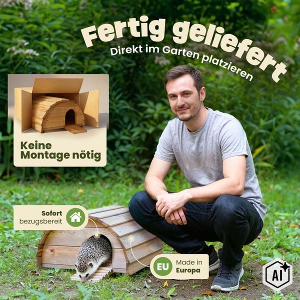 Ein Mann im Garten neben einem Igelhaus aus Holz, das fertig montiert geliefert wird und sofort einsatzbereit ist, hergestellt in Europa.