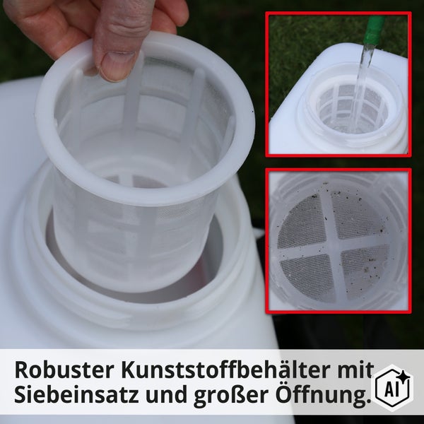 Kunststoffbehälter mit Siebeinsatz für Sprühgerät mit großer Öffnung zum Befüllen