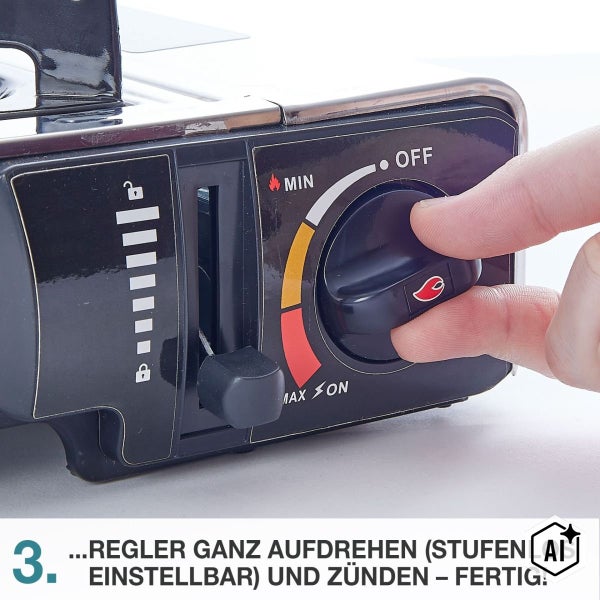 Bedienfeld eines Gaskochers mit Drehregler zur Zündung und Stufenregelung der Flamme sowie Schieberegler für die Kartuschenverriegelung.