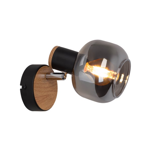 Wandleuchte mit Glaskugel und Holzelementen