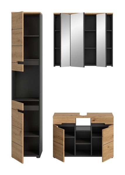Badezimmermöbel-Set bestehend aus Hochschrank, Spiegelschrank und Waschbeckenunterschrank in Holzoptik und Anthrazit mit geöffneten Türen.