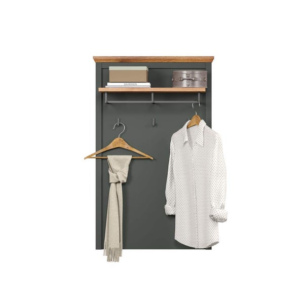 Wand-Garderobenpaneel in Dunkelgrau mit Ablageboden aus Holz, Kleiderstange und Haken.