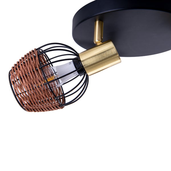 3er Deckenrondell CORBIS, Spot aus Metall in Schwarz, mit Gold und Rattan, mit E14-Fassung, für Esszimmer, Wohnzimmer, Diele oder Büro, Beleuchtung für Wohnzimmer, Esszimmer oder Büro, 38 cm Durchmesser