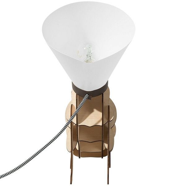 Tischleuchte mit Lampenschirm, Holzfuß und Textilkabel