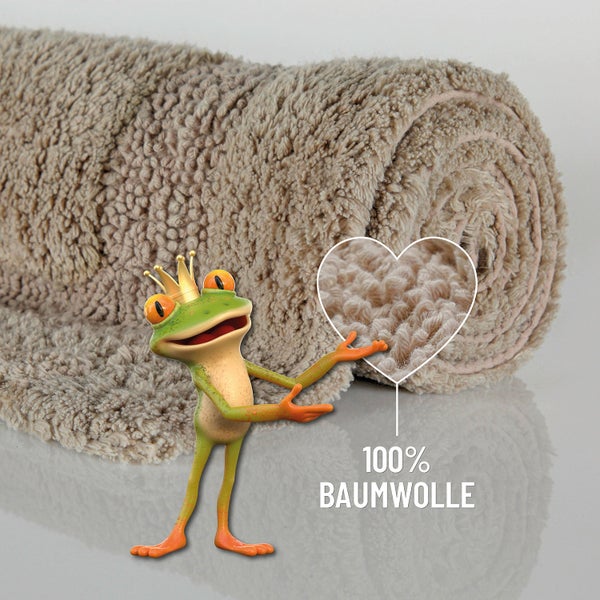 Zusammengerollte Badematte aus 100 Prozent Baumwolle mit weicher Hochflor-Struktur und einem Frosch-Maskottchen.