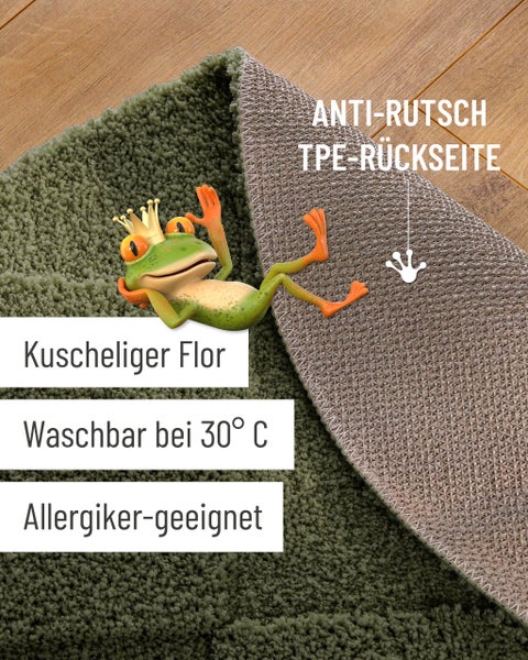 Grüner Teppich mit weichem Flor, rutschhemmender Rückseite, waschbar bei 30 Grad Celsius und für Allergiker geeignet.