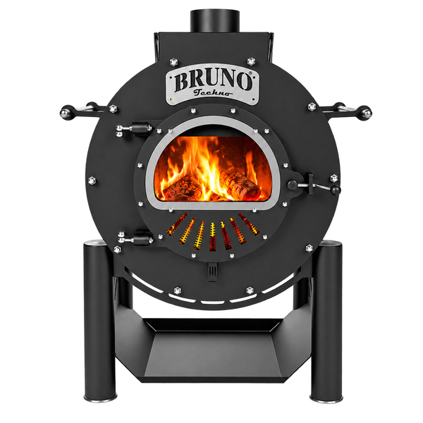 Bruno Techno Kaminofen mit Sichtfenster und brennendem Holzfeuer
