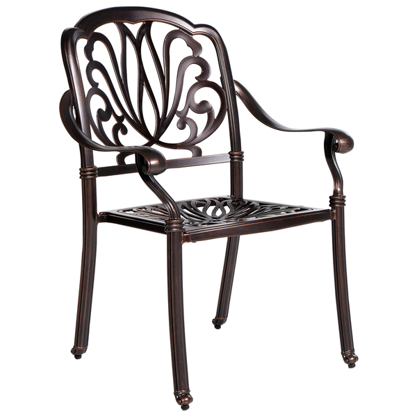 Gartenstuhl aus Metall mit Armlehnen und dekorativen Elementen.