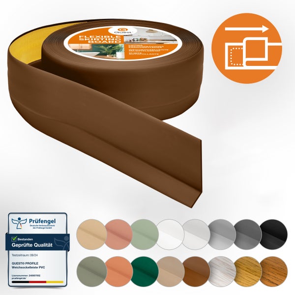 Quest Weichsockelleiste Selbstklebend 50 x 20 mm, PVC Sockelleiste, Flexibel, Dunkelbraun, 15 Meter