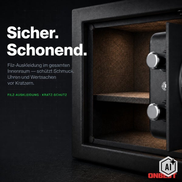 Tresor mit Filzauskleidung im Innenraum zum Schutz von Wertsachen vor Kratzern mit Onbest Logo