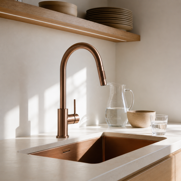 Moderne Küchenarmatur in Kupferoptik mit passender Spüle in einer hellen, minimalistischen Küche mit Holzregal.