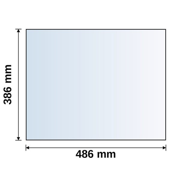 Maßzeichnung eines rechteckigen Produkts mit einer Höhe von 386 Millimetern und einer Breite von 486 Millimetern.