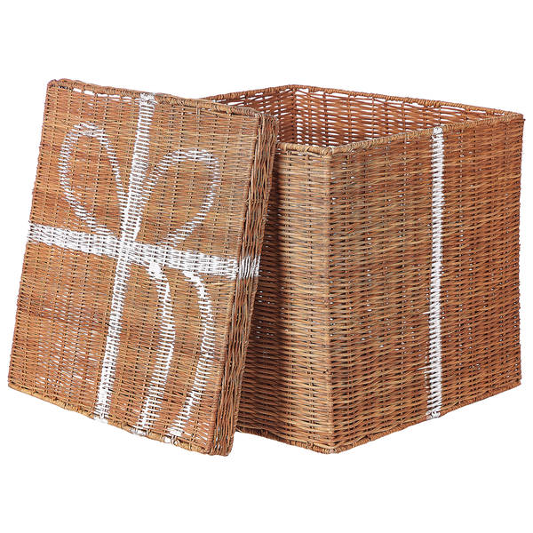 Geflochtener Korb mit Deckel und Geschenkbandmuster