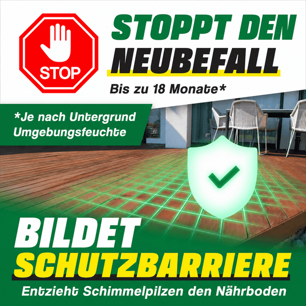 Werbegrafik zur Schimmelschutzbehandlung fuer Terrassen mit Hinweisen auf Schutzbarriere und Langzeitwirkung von bis zu 18 Monaten.