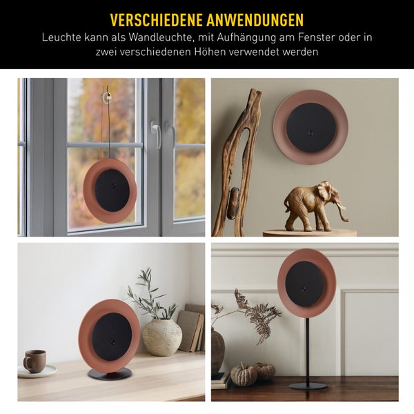 Anwendungsbeispiele für eine Leuchte, die als Wandleuchte, mit Fensteraufhängung oder in zwei verschiedenen Höhen verwendet werden kann