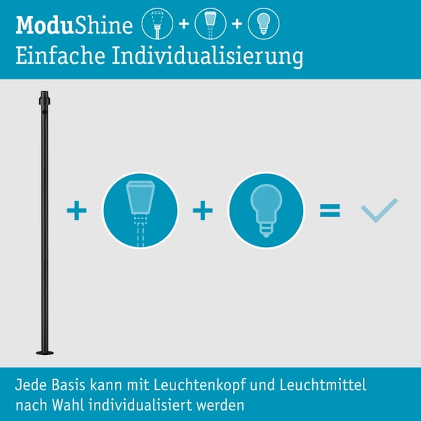ModuShine Leuchtensystem Darstellung zeigt die Kombination aus Basis Leuchtenkopf und Leuchtmittel für individuelle Beleuchtungslösungen.