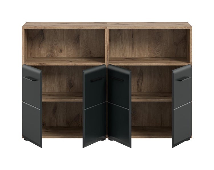 Modernes Sideboard in Holzoptik Eiche mit schwarzen Türen und offenen Regalfächern.