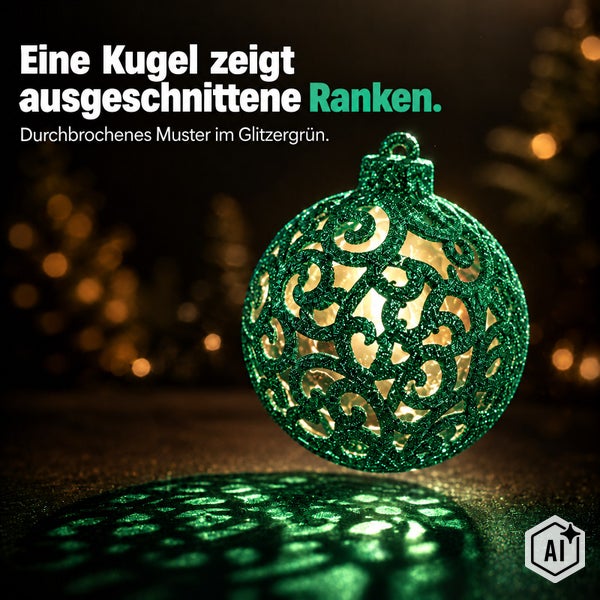Weihnachtskugel mit durchbrochenem Rankenmuster und Glitzeroptik, beleuchtet.