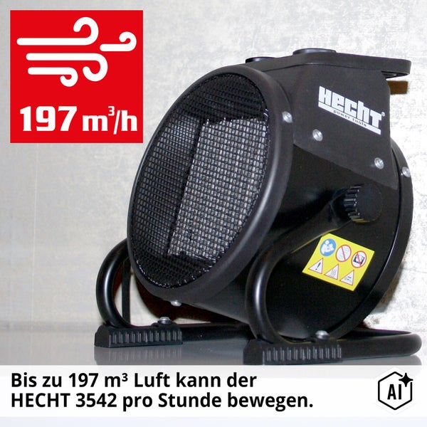 Heizlüfter Hecht 3542 mit einer Luftleistung von 197 Kubikmeter pro Stunde, inklusive Hecht Power Tools Logo und Sicherheitshinweisen.