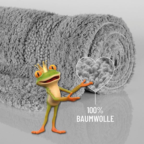 Flauschige Badematte aus 100 Prozent Baumwolle mit Frosch Maskottchen.