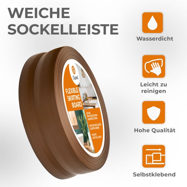 Eine Rolle selbstklebende, wasserdichte weiche Sockelleiste aus Kunststoff für den Innenbereich, inklusive Reinigungssymbol und Qualitätsmerkmal.