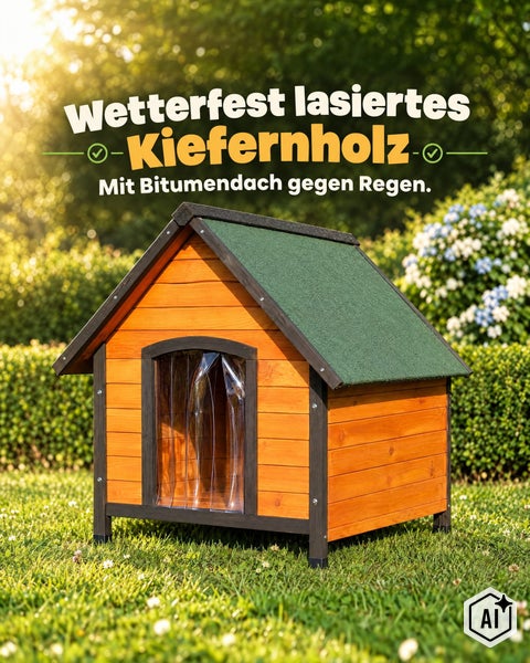 Hundehütte aus wetterfest lasiertem Kiefernholz mit Bitumendach und Lamelleneingang für den Garten.