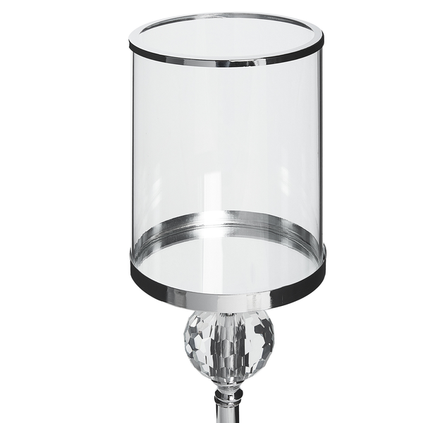 Windlicht aus Glas mit silberfarbenem Rand und Kristallfuß
