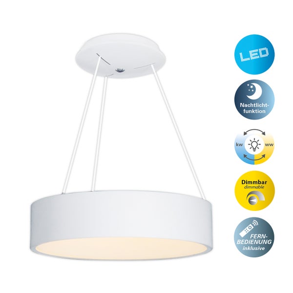 Weiße LED Hängeleuchte mit Nachtlichtfunktion, Farbtemperatursteuerung und Dimmfunktion inklusive Fernbedienung
