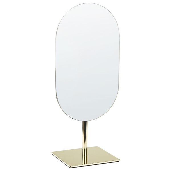 Ovaler Standspiegel auf einem quadratischen Sockel