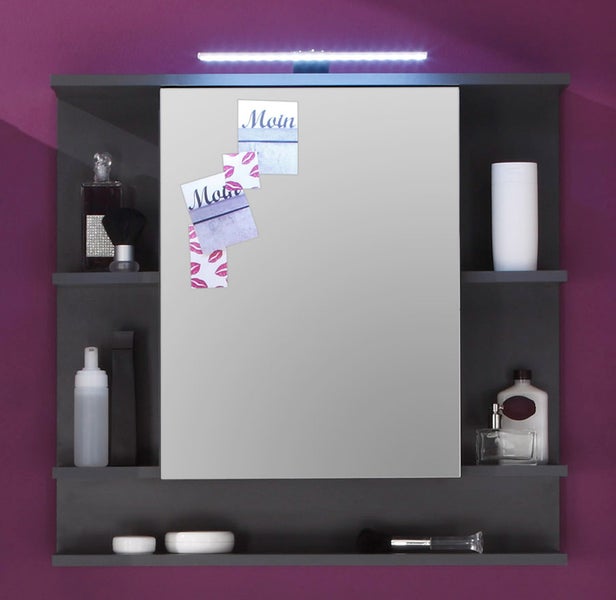 TetisBad Spiegelschrank 1 Tür, 5 offene Fächer, Einschl. Licht Graphit Dekor, Spiegelglas. 72 X 20 X 76 cm
