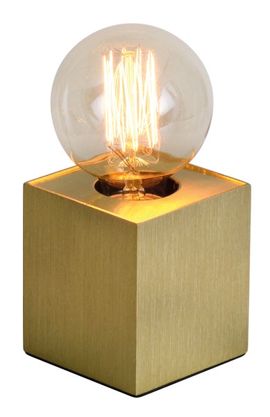 Tischleuchte mit quadratischem Sockel und runder Glühbirne