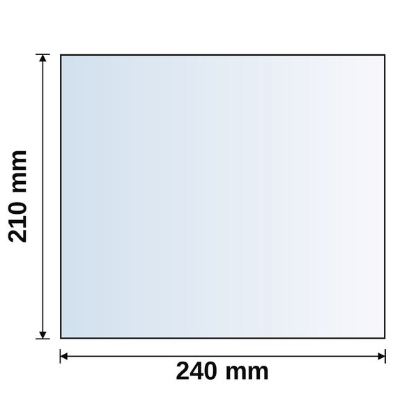 Rechteckige Glasscheibe mit den Maßen 210 Millimeter mal 240 Millimeter.