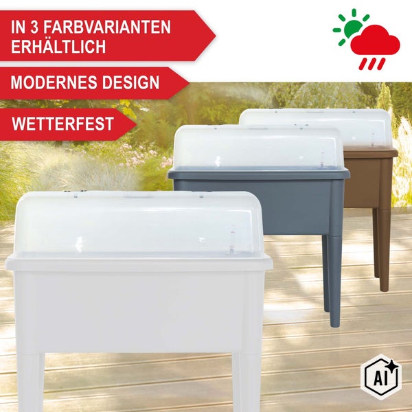 Drei wetterfeste Pflanzbeete auf Füßen mit transparentem Deckel in verschiedenen Ausführungen für den Gartenbereich