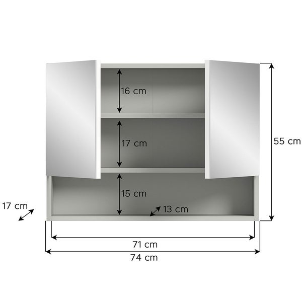 Copa Spiegelschrank Bad 2 Türen 1 Fach 1 Regal hellgrau, Spiegel. 74 X 17 X 55 cm