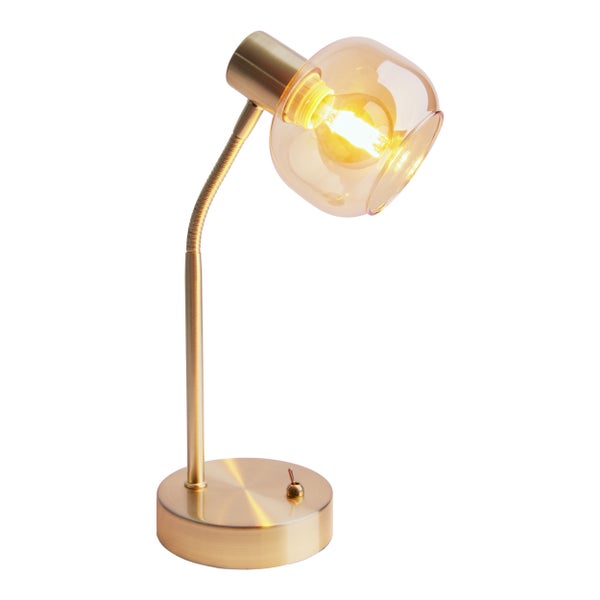 Goldfarbene Schreibtischlampe mit flexiblem Arm und Glasschirm