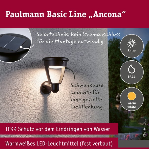 Paulmann Basic Line Ancona Solar Außenwandleuchte mit IP44 Schutz und schwenkbarem Leuchtenkopf für warmweißes Licht ohne Stromanschluss.