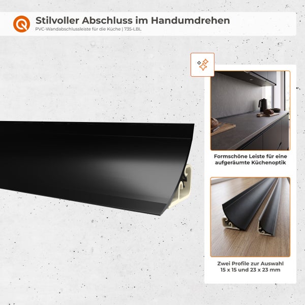 PVC Wandabschlussleiste für die Küche zur sauberen Kantenverkleidung mit Montagebeispielen in zwei verschiedenen Profilgrößen.