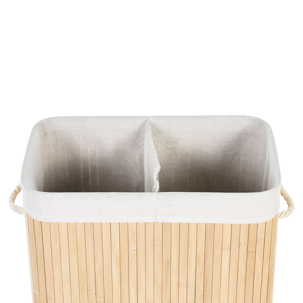 Wäschekorb mit Deckel, Seilgriffen und Abmessungen: Höhe 60 Zentimeter, Breite 50 Zentimeter, Tiefe 30 Zentimeter, plus minus 2 Zentimeter.