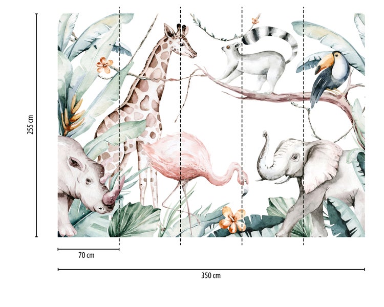 Fototapete mit Tiermotiven wie Giraffe, Elefant, Rhinozeros und Flamingo, Illustration mit tropischen Blättern, Maße 255 mal 350 Zentimeter.