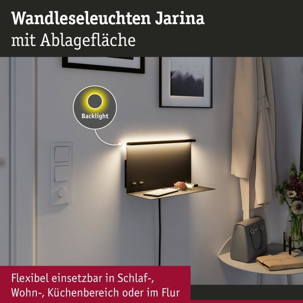 LED-Wandleuchte in Schwarz mit integrierter Ablage, zwei Drehknöpfen und abnehmbarem Textilkabel für einfache Wandmontage.