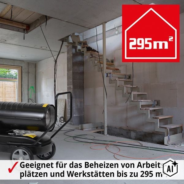 Mobiler Bauheizer in einem Rohbau mit offener Treppe, geeignet für Arbeitsplätze und Werkstätten bis zu 295 Quadratmeter.