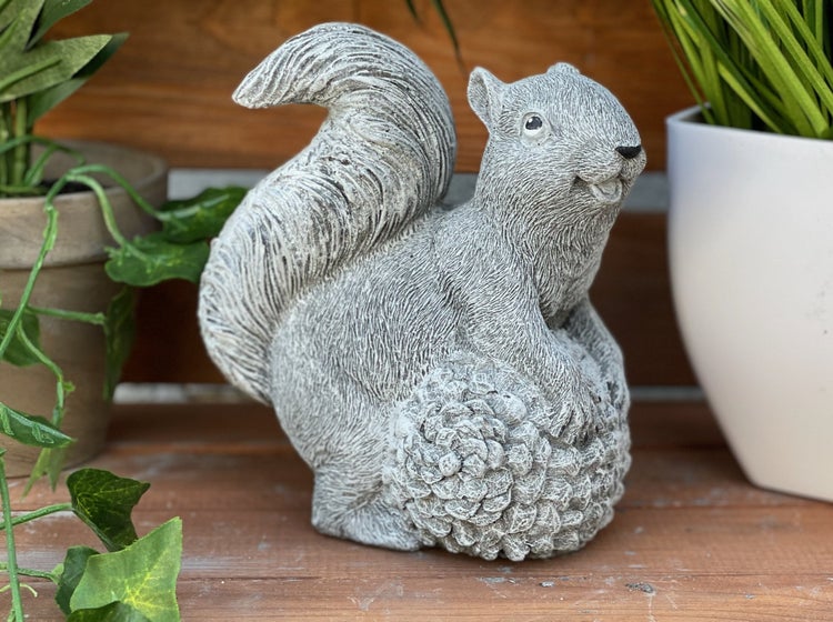 Dekorative Gartenfigur Eichhörnchen aus Steinguss mit einem Zapfen als Akzent für die Gartendekoration.