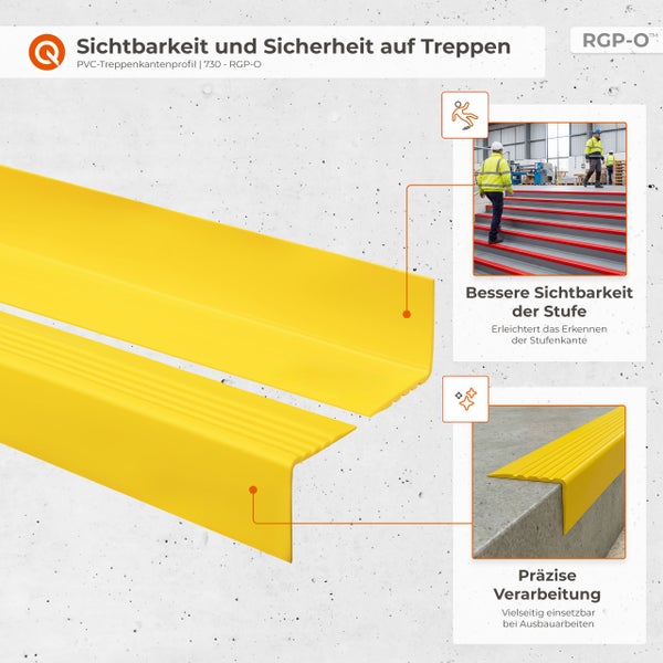 Treppenkantenprofil aus Kunststoff mit Quest Logo und geriffelter Oberfläche für mehr Trittsicherheit und Sichtbarkeit auf Stufen.